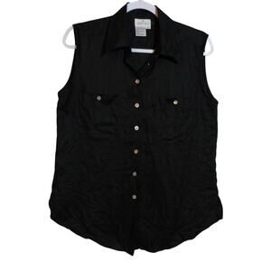 Carry Back Deep Black Linen Sleeveless Button Up Top Vacation Natural Size L